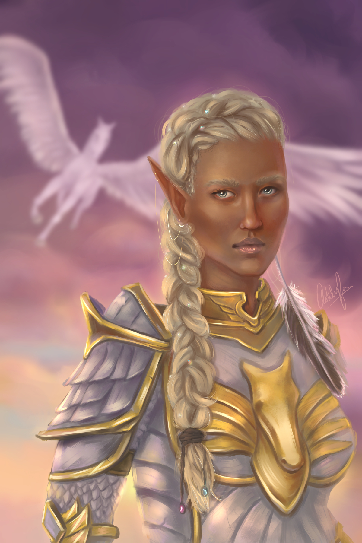 Illustration of an elvish warrior, with a winged horse flying in the background.